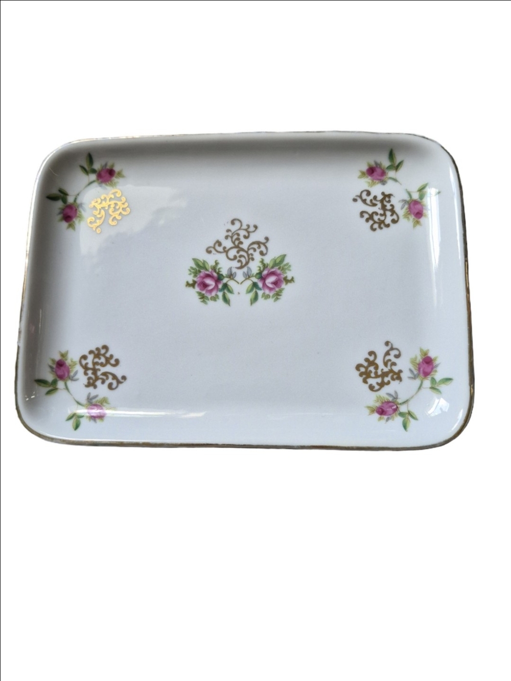 Floral I.W. Rice Company Pink Rose Gold-Accented Porcelain Dresser Tray